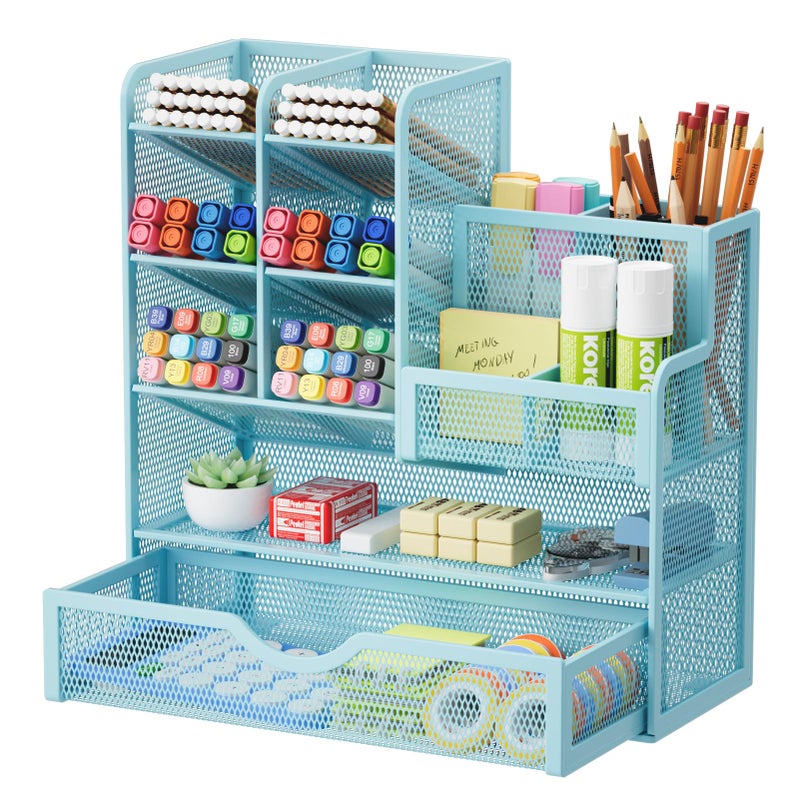 Marbrasse Mesh Pen Holder for Desk, Multi-Functional Pencil Organizer with Drawer, Desk Organizers and Accessories for Office Art Supplies (Blue) - Image 1
