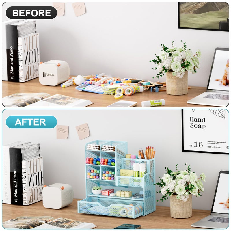 Marbrasse Mesh Pen Holder for Desk, Multi-Functional Pencil Organizer with Drawer, Desk Organizers and Accessories for Office Art Supplies (Blue) - Image 3