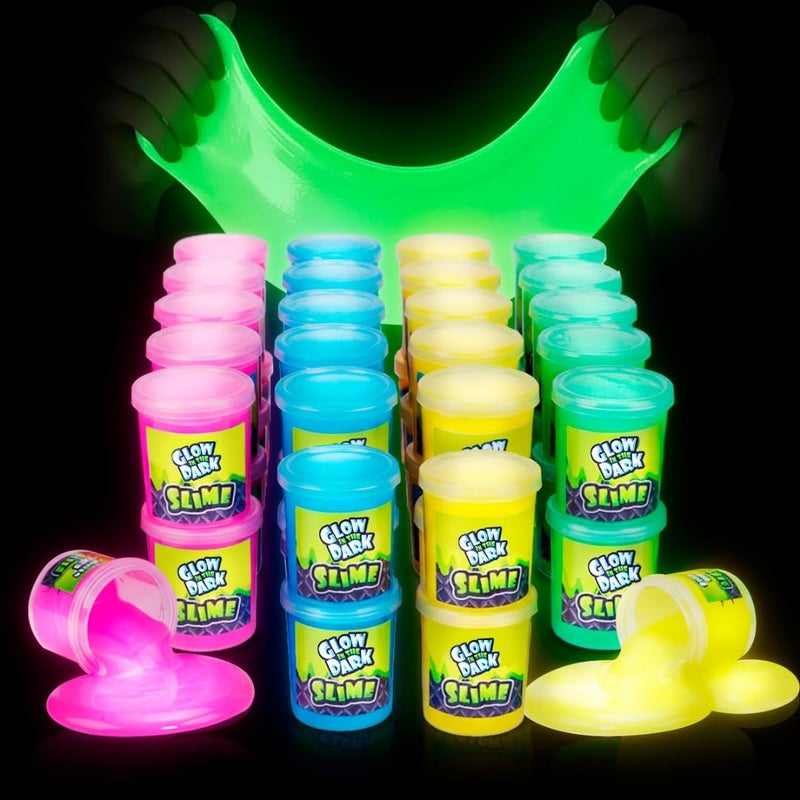Playbees Mini Glow in The Dark Slime 24 Pack Slime Party Favors Neon Blue Green Pink Yellow Colors Glowing Slime Kit for Kids Party Favors Goody Bag Fillers - Image 3