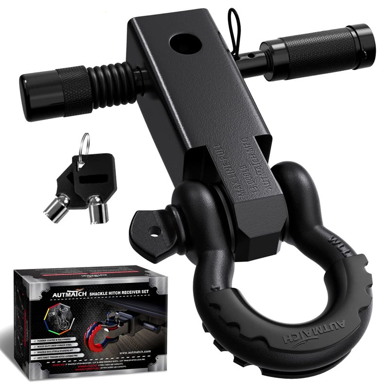 AUTMATCH Shackle Hitch Receiver 2 Inch  34 D Ring Shackle and 58 Trailer Hitch Lock Pin 45000 Lbs Break Strength Heavy Duty Receiver Towing Kit for OffRoad Vehicle Recovery Frosted Black