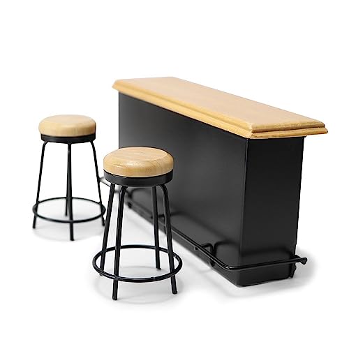 Cutemini Dollhouse Furniture Metal Bar Table Chair with Wood Top Pub Set 112 Scale Miniature Accessories Bar Counter Stool Mini Dining Coffee Table Model Layout Props Desktop Decor - Image 1