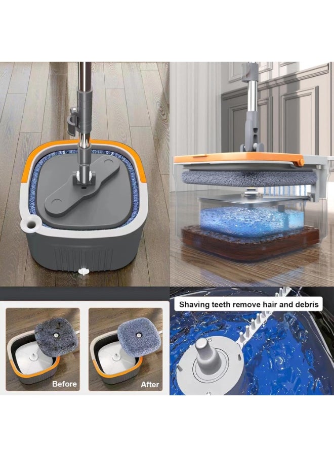 Spin Mop & Bucket Set with Clean/Dirty Water Separation – 360° Rotating Flat Mop with 6 Reusable Pads – Self-Wringing Square Mop System for Floor Cleaning