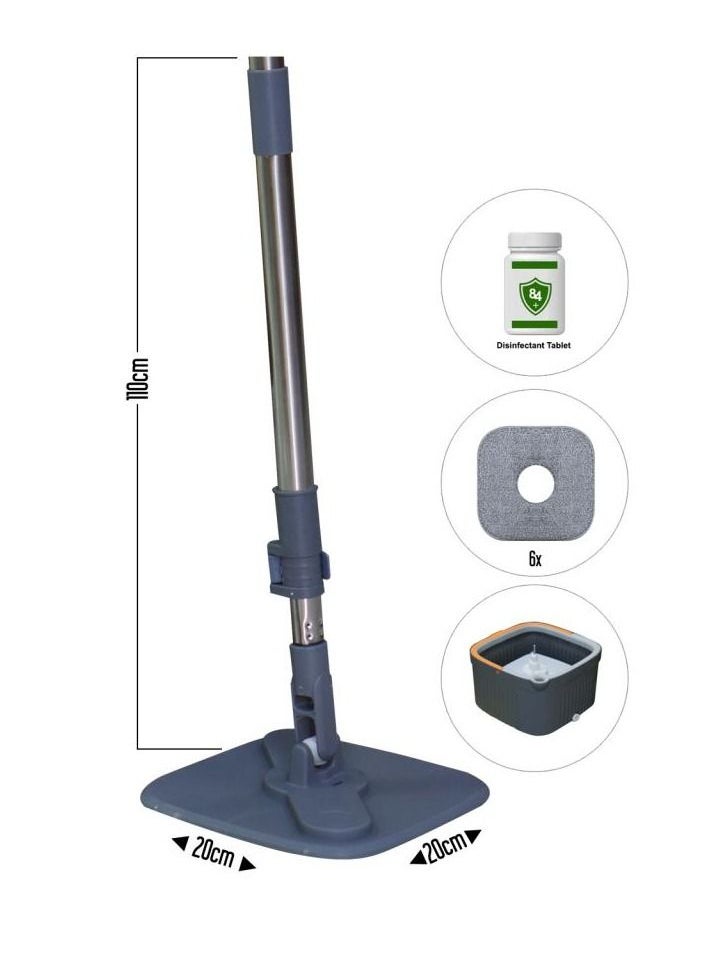 Spin Mop & Bucket Set with Clean/Dirty Water Separation – 360° Rotating Flat Mop with 6 Reusable Pads – Self-Wringing Square Mop System for Floor Cleaning