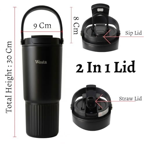 Wosta Tumbler with Straw Lid, 18/10 Stainless Steel Vacuum Tumblers, Leakproof Double Walled Iced Car Cup with Handle & Tea Infuser& Dishwasher Safe, for Hot & Cold Drinks, 800 Ml (Black) - Image 2