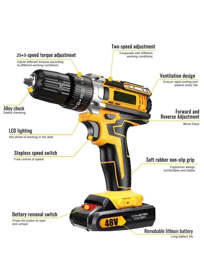 ALongDeng 48V Cordless Drill Set Power Drill Kit with 2 Pcs Battery 25 Position 2 Variable Speed 3/8'' Keyless Chuck Fast Charger and 24 Pcs Accessories with Case - Image 4