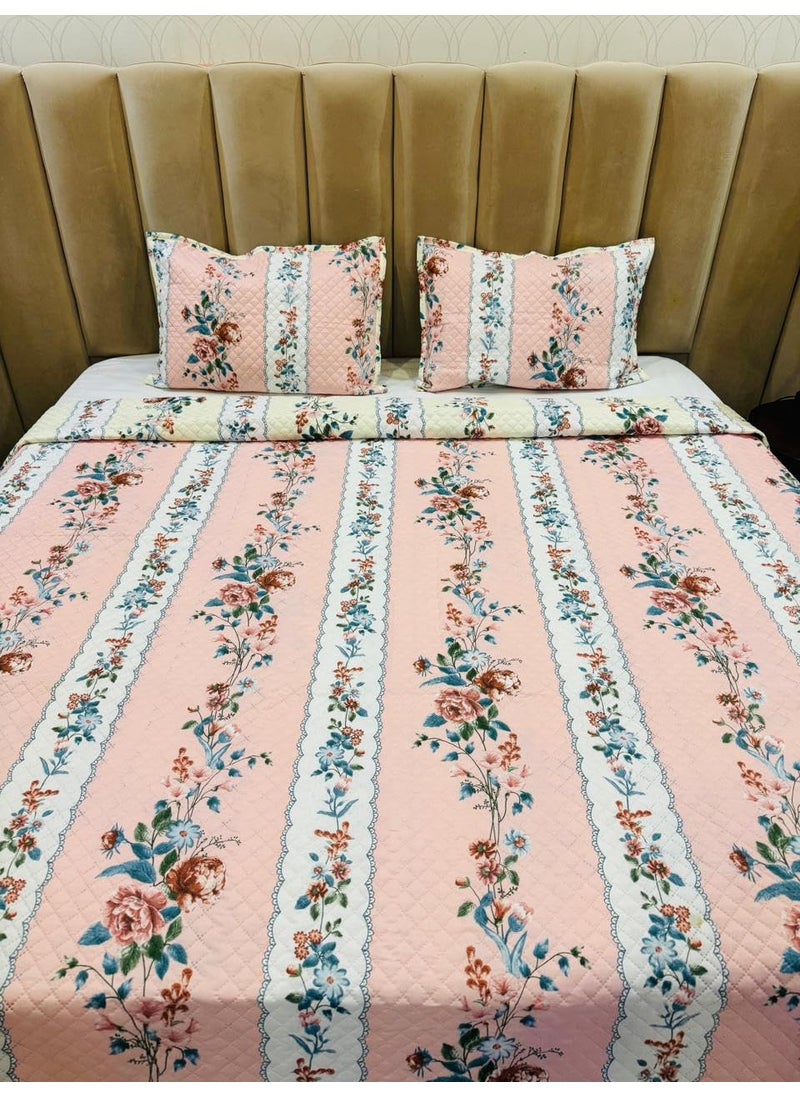 KitchDeco Kitch Deco 100 Glace Cotton Luxury 1 Reversible Double Bed Quilted Contrast Bedcover with Quilted 2 Pillow Covers Light Pink Flower  - Image 1