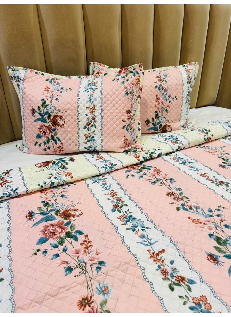 KitchDeco Kitch Deco 100 Glace Cotton Luxury 1 Reversible Double Bed Quilted Contrast Bedcover with Quilted 2 Pillow Covers Light Pink Flower  - Image 3