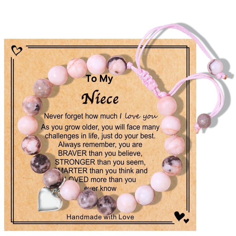 Chuchoter Perfect Teen Girls Gifts,To My Daughter/Granddaughter/Niece Bracelet,Sweet Heart Natural Stone beaded Bracelet,Birthday Christmas Valentines Graduation Gifts (nieceï¼ˆpinkï¼‰) - Image 1
