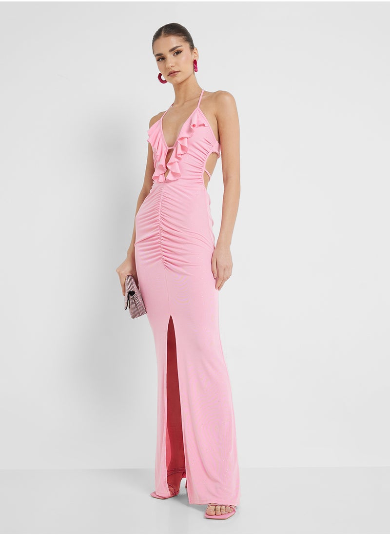 Ginger Strappy Ruffle Ruched Dress With Slit  - Image 1