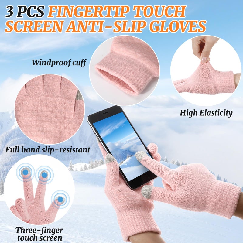 Chicingyou 6 Pcs 2 in 1 Balaclava Face Mask Beanie Hats Gloves Set Winter Balaclava Ski Mask with Touch Screen Gloves Cold Weather Windproof Knit Cap Set for Men Women(Light Gray, White, Pink) - Image 3