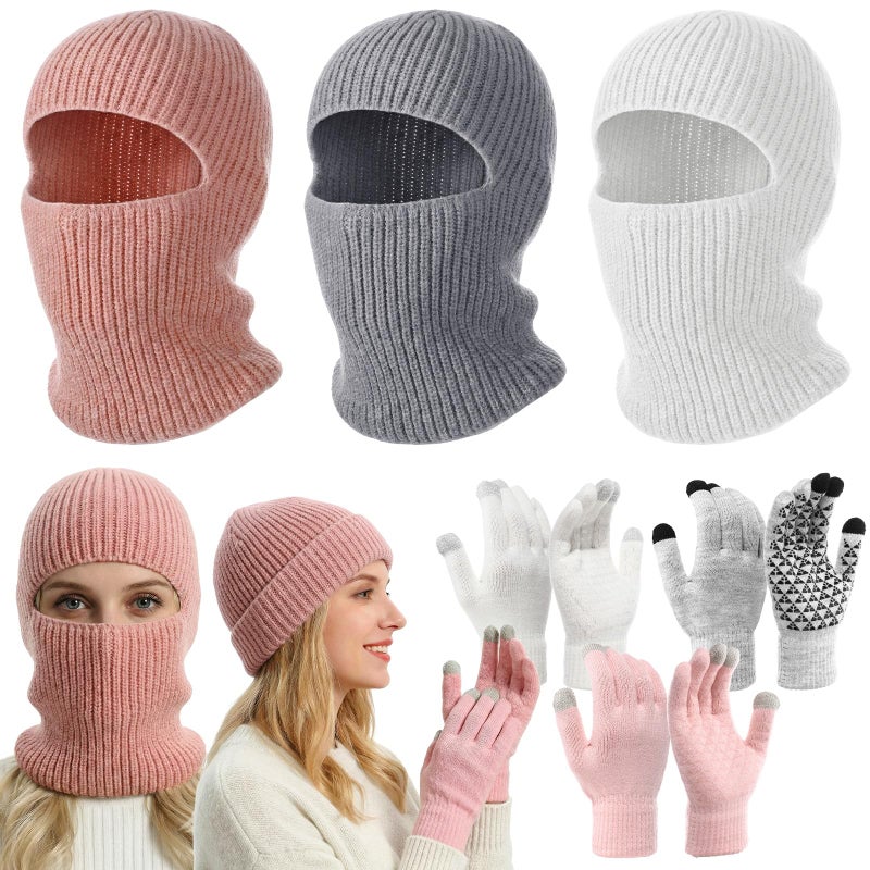 Chicingyou 6 Pcs 2 in 1 Balaclava Face Mask Beanie Hats Gloves Set Winter Balaclava Ski Mask with Touch Screen Gloves Cold Weather Windproof Knit Cap Set for Men Women(Light Gray, White, Pink) - Image 1