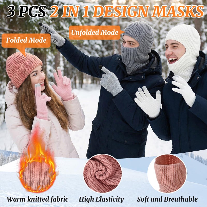 Chicingyou 6 Pcs 2 in 1 Balaclava Face Mask Beanie Hats Gloves Set Winter Balaclava Ski Mask with Touch Screen Gloves Cold Weather Windproof Knit Cap Set for Men Women(Light Gray, White, Pink) - Image 2