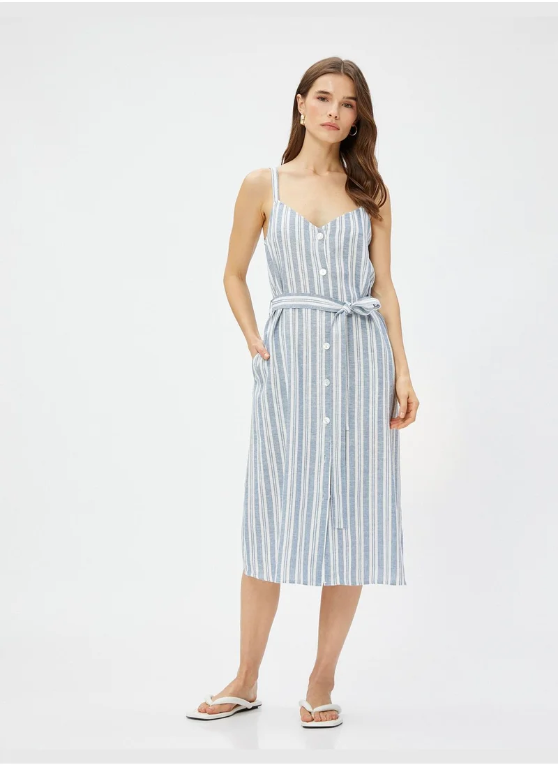 KOTON Belted Buttoned Midi Linen Dress