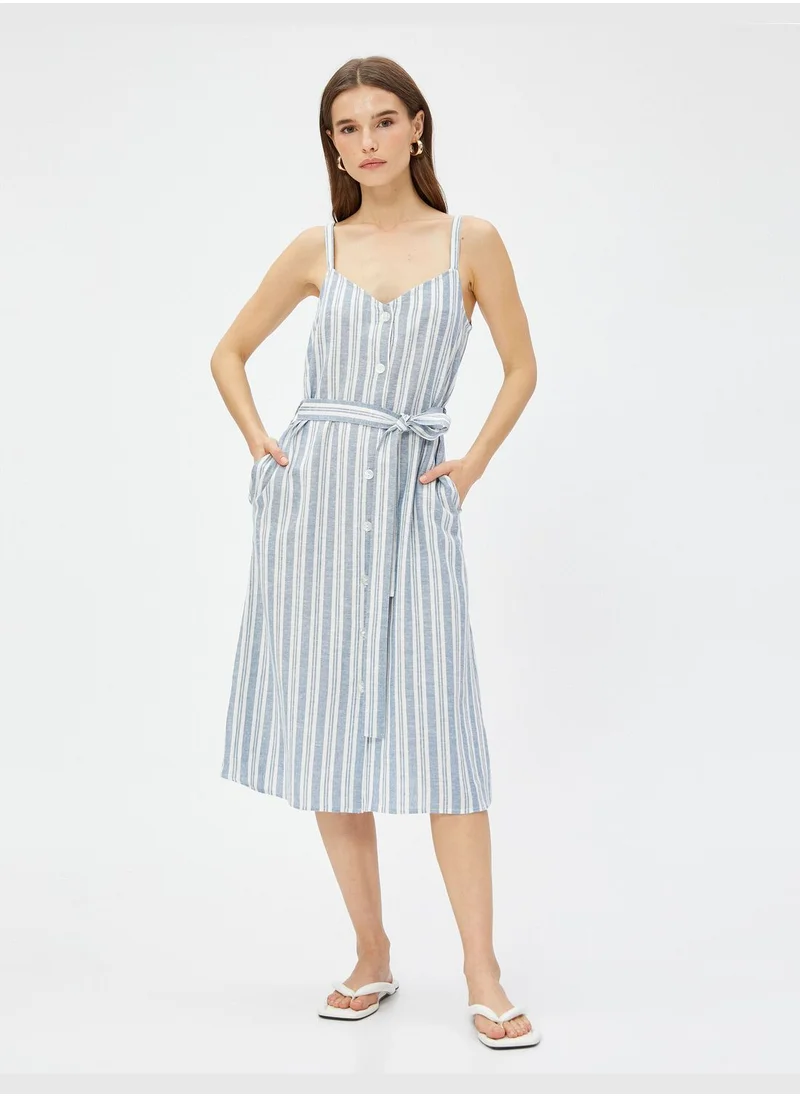KOTON Belted Buttoned Midi Linen Dress