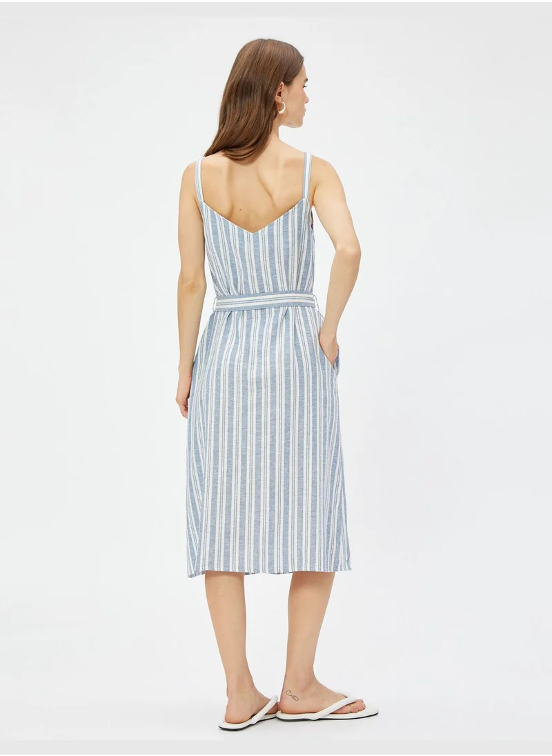 KOTON Belted Buttoned Midi Linen Dress