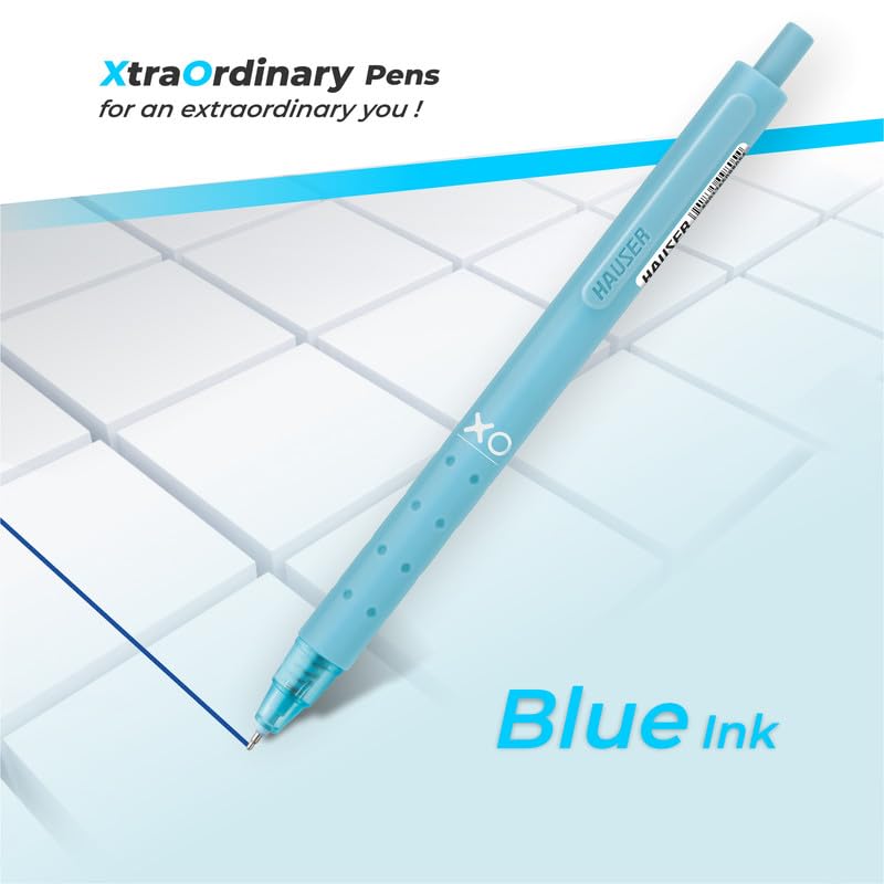 Hauser XO Click Retractable Gel Pen | Needle Spring Tip for Super Soft & Smooth Writing Experience | Grooved Grip for Comfortable Writing | Blue Ink, Pack Of 10 - Image 5