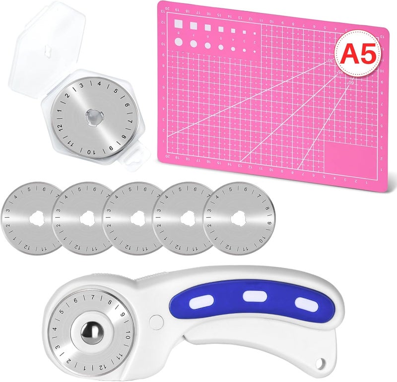 ZMAAGG 45mm Rotary Cutter with 5 Pcs Rotary Cutter Blades and A5 Cutting Mat, Rotary Cutter for Fabric, Rotary Cutter Set for Quilting Sewing Arts Crafts, Sharp and Durable - Image 1