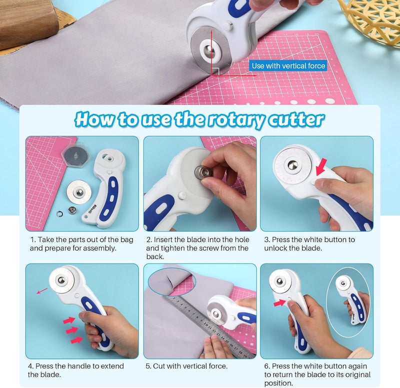 ZMAAGG 45mm Rotary Cutter with 5 Pcs Rotary Cutter Blades and A5 Cutting Mat, Rotary Cutter for Fabric, Rotary Cutter Set for Quilting Sewing Arts Crafts, Sharp and Durable - Image 4