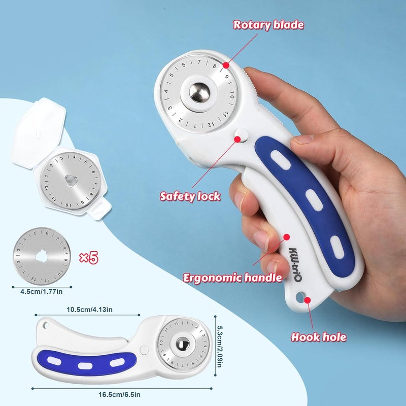 ZMAAGG 45mm Rotary Cutter with 5 Pcs Rotary Cutter Blades and A5 Cutting Mat, Rotary Cutter for Fabric, Rotary Cutter Set for Quilting Sewing Arts Crafts, Sharp and Durable - Image 2