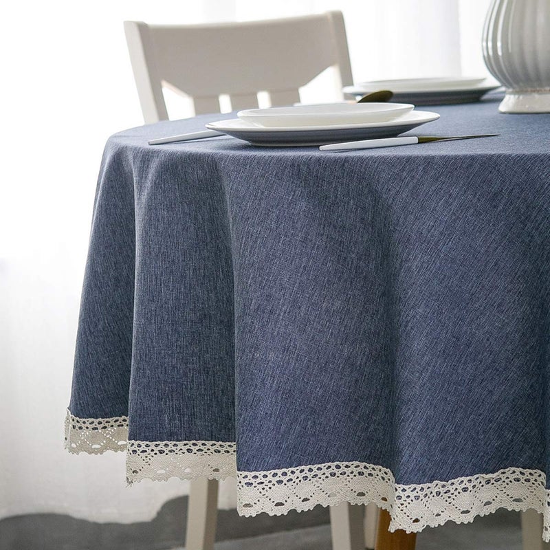 EHouseHome Faux Linen Tablecloth with Lace Trim  WaterproofSpill ProofStain ResistantWrinkle FreeOil Proof  for Banquet Parties DinnerWeddingHolidayDenim Blue Round 70Inch