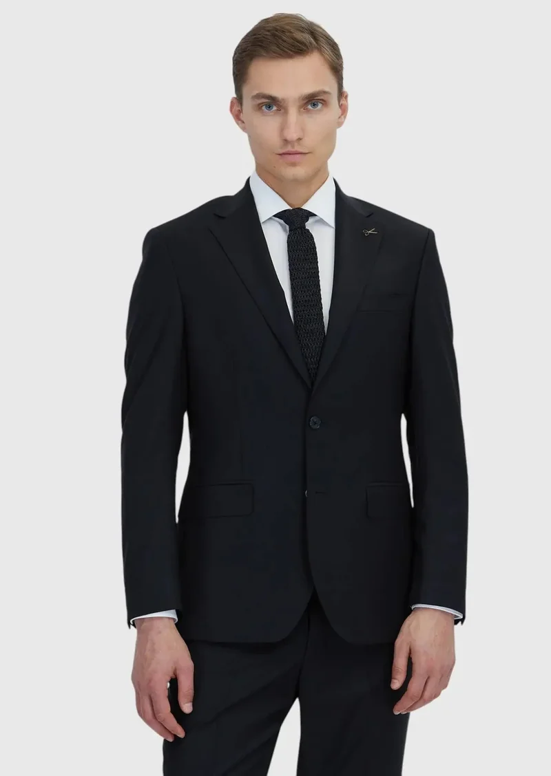 RAMSEY Black Plain Modern Fit Wool Blended Suit