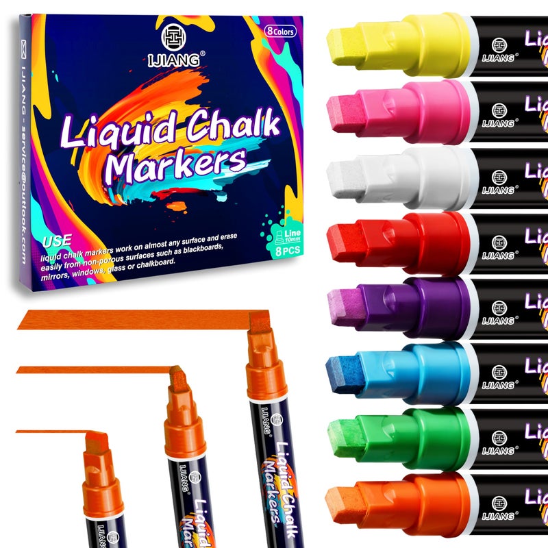 IJIANG Chalk Markers Neon 8 Colors, Jumbo Liquid Chalk Markers with 10mm 3-in-1 Nib Thick Wide Tips Perfect for Blackboard Whiteboard Chalkboard and Window Cars Glass Mirror, Dry & Wet Erase Pens - Image 1