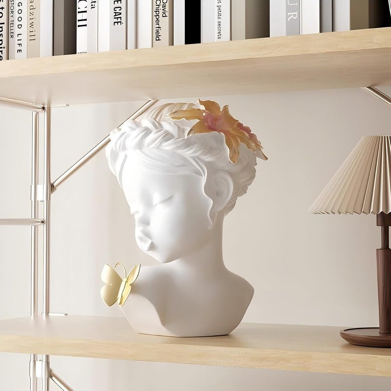 OMELPIS Minimalist Resin Head Statue Creative Art Girl Blowing Butterfly Sculpture Ornament Modern Simple Home Office Décor Crafts Living Room TV Cabinet Shelf Table Desk Foyer Decoration Gift White - Image 2