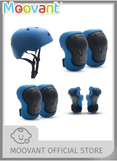 Moovant 7PCS Children's Multi-Sports Protective Equipment, Children's Roller Skating Helmet Knee Pads Set, Balance Bike Bicycle Skating Outdoor Sports Protective Gear Equipment for Kids, Blue Print  - Image 1