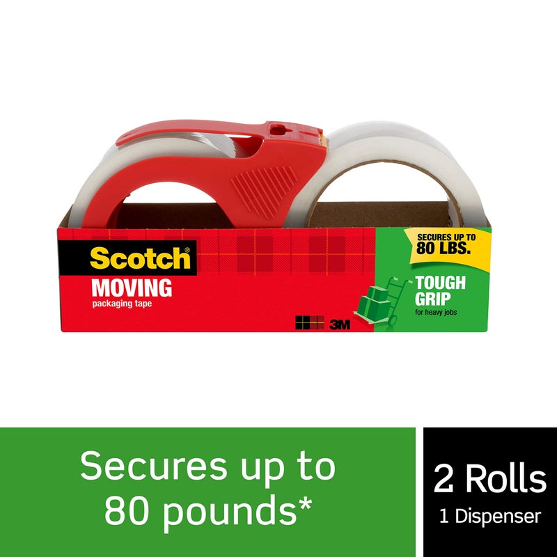 Scotch Tough Grip Moving Packing Tape, Clear, Moving Tape That Secures Boxes up to 80 Pounds, 1.88 in. x 54.6 yd., 2 Tape Rolls with 1 Dispenser - Image 2