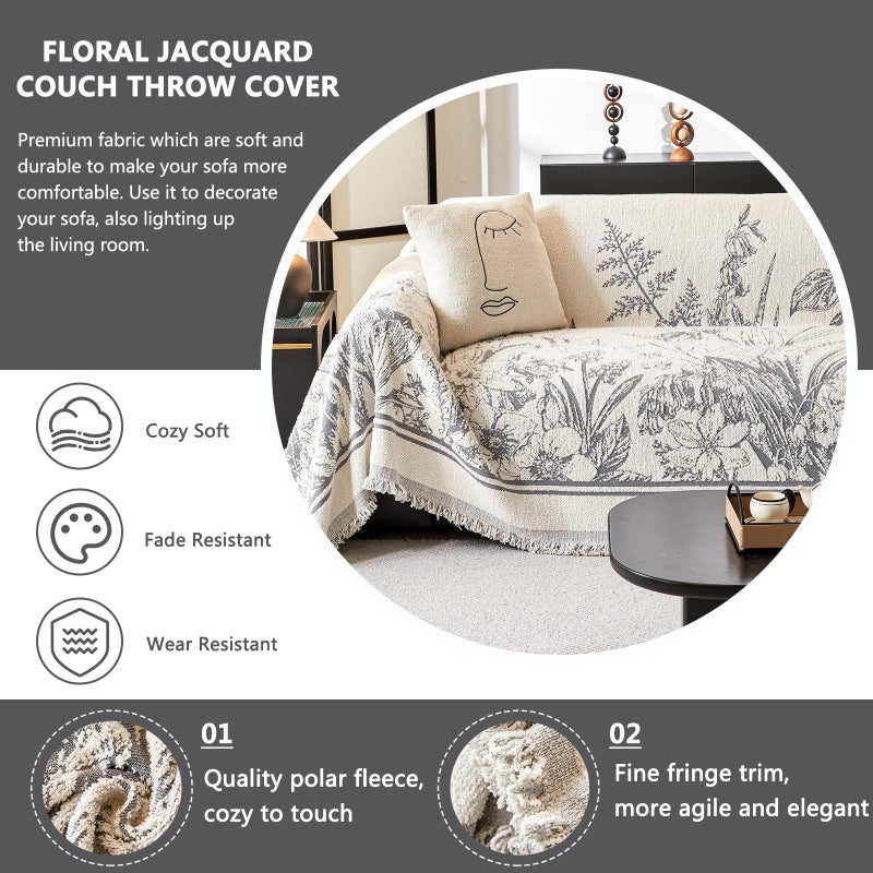 DREAMINGO Floral Sofa Cover for 3 Cushion Couch Thick Plush Furniture Cover 71x134 Inch Vintage Jacquard Tassel Sofa Slipcover for Living Room Farmhouse Sectional Couch Protector Washable, Grey - Image 4