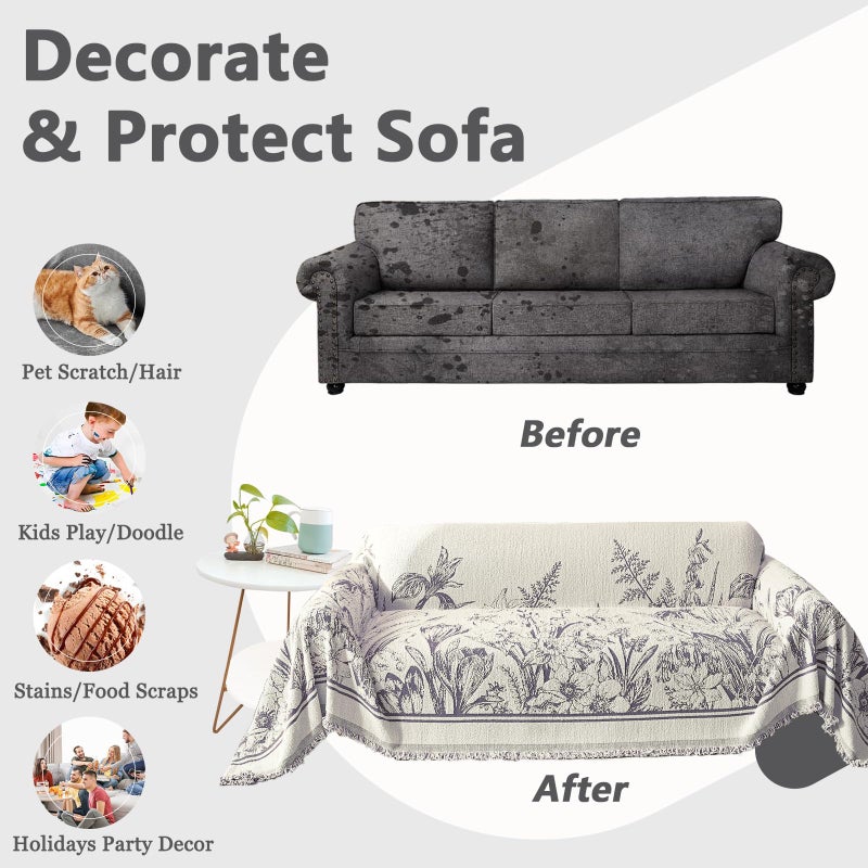 DREAMINGO Floral Sofa Cover for 3 Cushion Couch Thick Plush Furniture Cover 71x134 Inch Vintage Jacquard Tassel Sofa Slipcover for Living Room Farmhouse Sectional Couch Protector Washable, Grey - Image 5