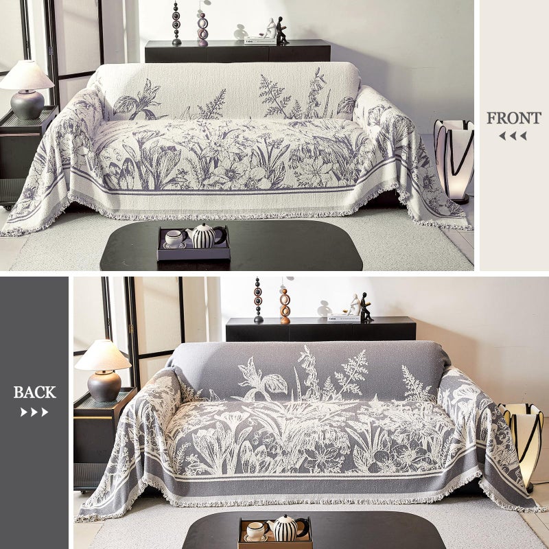 DREAMINGO Floral Sofa Cover for 3 Cushion Couch Thick Plush Furniture Cover 71x134 Inch Vintage Jacquard Tassel Sofa Slipcover for Living Room Farmhouse Sectional Couch Protector Washable, Grey - Image 2