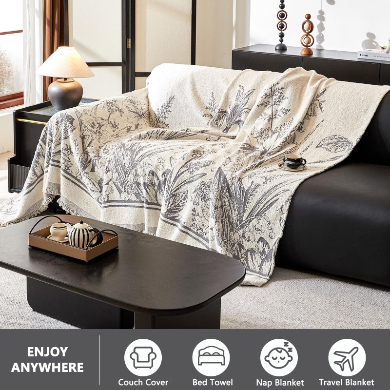 DREAMINGO Floral Sofa Cover for 3 Cushion Couch Thick Plush Furniture Cover 71x134 Inch Vintage Jacquard Tassel Sofa Slipcover for Living Room Farmhouse Sectional Couch Protector Washable, Grey - Image 3