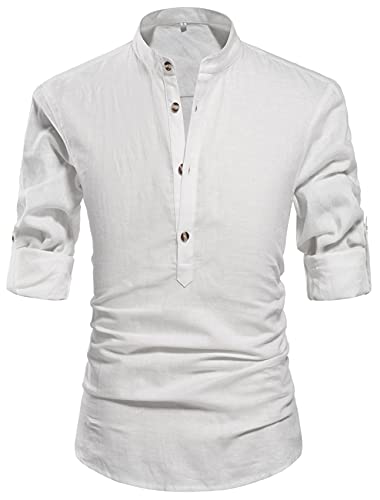 NITAGUT Men Henley Neck Long Sleeve Daily Look Linen Shirts Casual Beach T Shirts White-US XL - Image 1