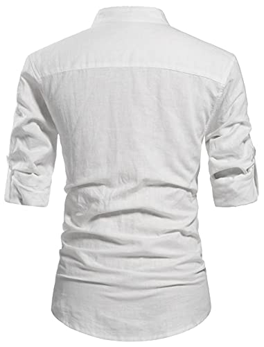 NITAGUT Men Henley Neck Long Sleeve Daily Look Linen Shirts Casual Beach T Shirts White-US XL - Image 2