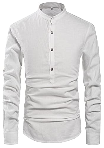 NITAGUT Men Henley Neck Long Sleeve Daily Look Linen Shirts Casual Beach T Shirts White-US XL - Image 3