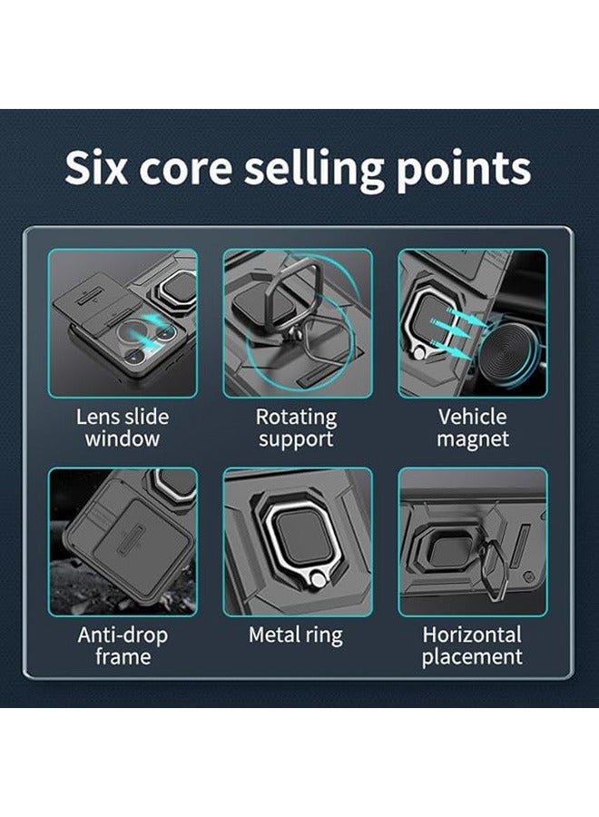 Huawei Pura 70 5G Case, Shockproof Cases, Anti-Fall Drop Protection, Built-in Slide Anti-Scratch Camera Lens Cover, Integrated 360 Degree Rotating Ring Kickstand, Black - Image 3