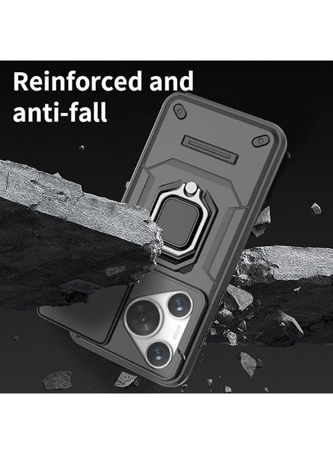 Huawei Pura 70 5G Case, Shockproof Cases, Anti-Fall Drop Protection, Built-in Slide Anti-Scratch Camera Lens Cover, Integrated 360 Degree Rotating Ring Kickstand, Black - Image 4