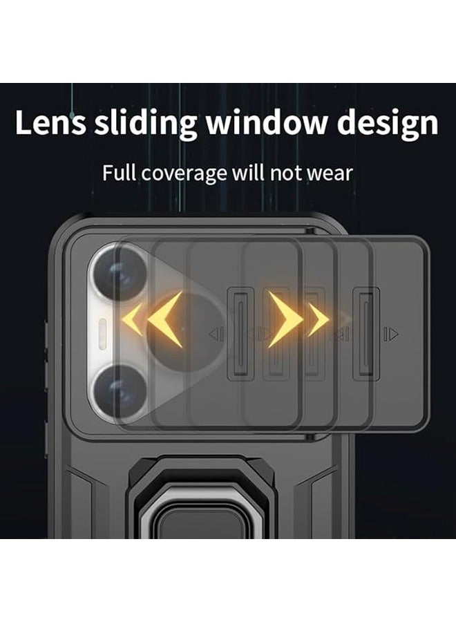 Huawei Pura 70 5G Case, Shockproof Cases, Anti-Fall Drop Protection, Built-in Slide Anti-Scratch Camera Lens Cover, Integrated 360 Degree Rotating Ring Kickstand, Black - Image 5