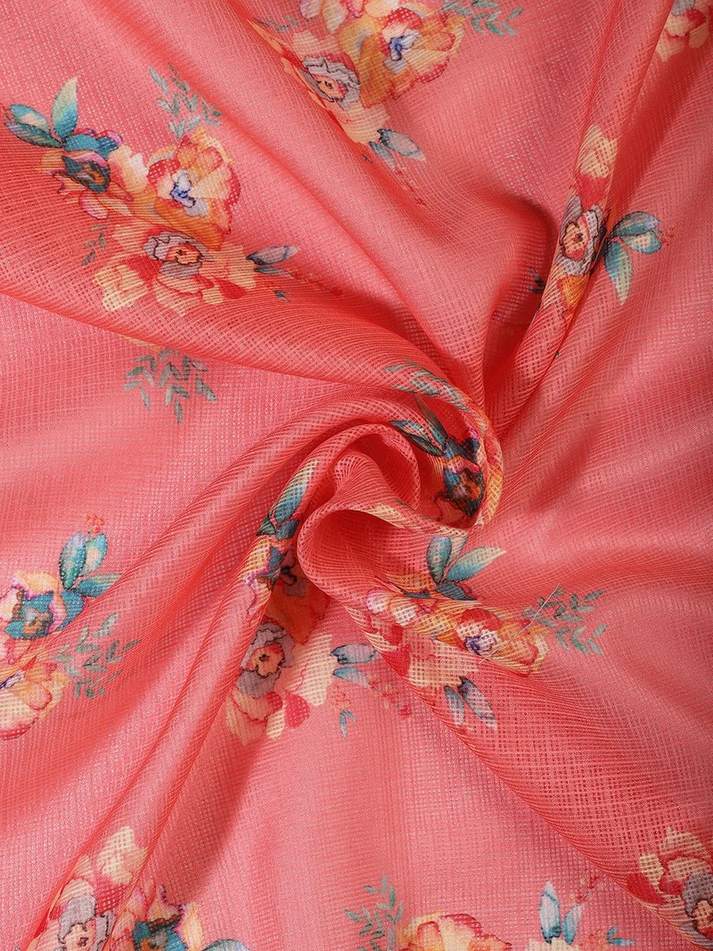 أيه كيه إس Peach Floral Kota Doria Fabric - One Meter