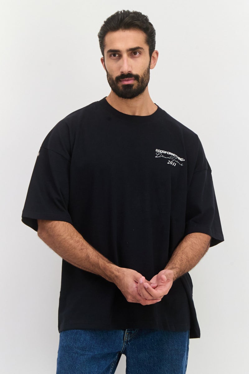 GOOD FOR NOTHING Men Crew Neck Short Sleeves Embroidered T-Shirt, Black - Image 1