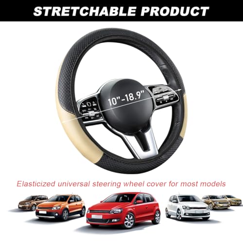 DXNQ Car Steering Wheel Cover, 15 Inch Carbon Fiber Leather Stitching Color Steering Wheel Protector, Anti-Slip Elastic Breathable Steering Wheel Cover Stylish Decor for Most Cars (Beige, AD) - Image 2