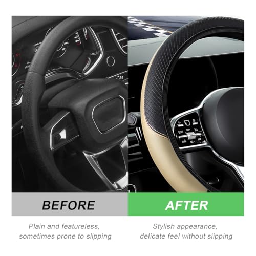 DXNQ Car Steering Wheel Cover, 15 Inch Carbon Fiber Leather Stitching Color Steering Wheel Protector, Anti-Slip Elastic Breathable Steering Wheel Cover Stylish Decor for Most Cars (Beige, AD) - Image 4