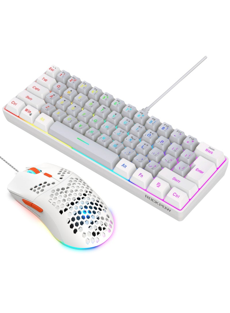 روك بو مجموعة لوحة مفاتيح وماوس ألعاب سلكية 60% باللغة العربية، فأرة ألعاب RGB مريحة وخفيفة الوزن بدقة 8000 نقطة في البوصة مع مستشعر بصري، 61 مفتاحًا بإضاءة خلفية RGB، لوحة مفاتيح صغيرة للغاية ومقاومة للماء للاعبي الكمبيوتر الشخصي - Image 1