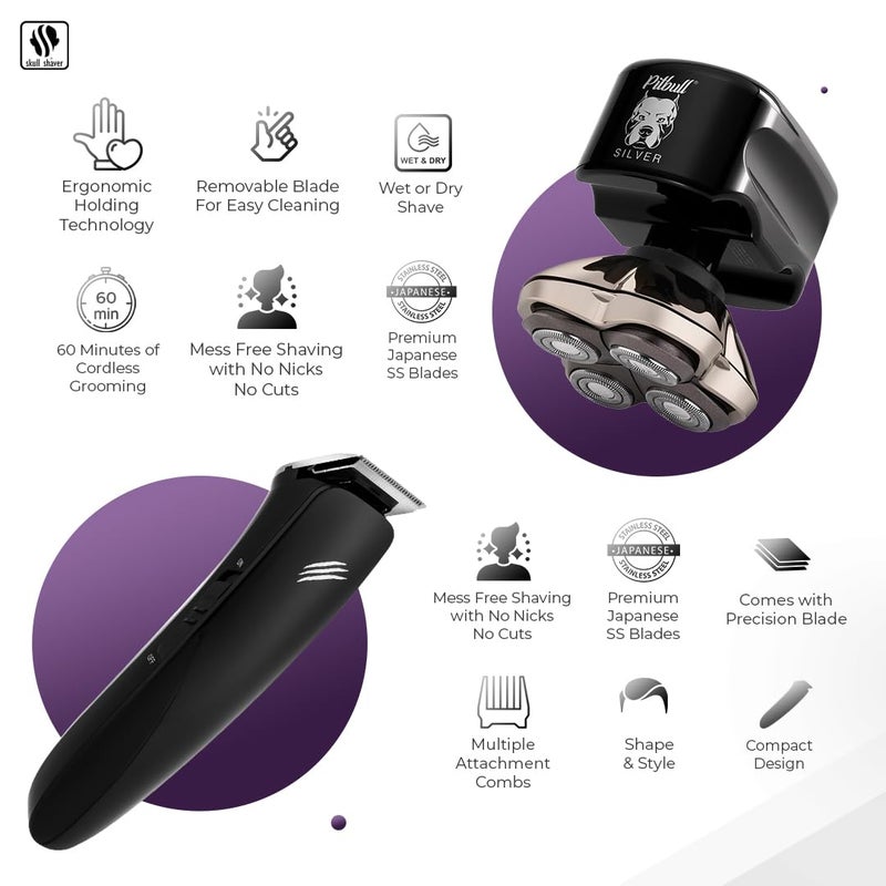 Skull Shaver بيتبول سيلفر برو مع ماكينة حلاقة بيبي بيست: ماكينة حلاقة كهربائية للوجه، الإبطين، الصدر، والظهر، مجموعة العناية الشخصية، مقاومة للماء، بدون جروح - Image 2
