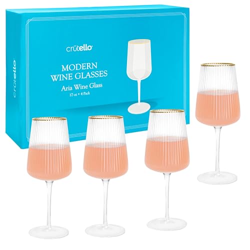 Crutello Modern Wine Glasses - 17 oz Unique Fluted Glassware with Vintage Ribbed Glassware Texture and Gold Rim, Art Deco Red or Fancy White Wine Glasses - Set of 4 - Image 1