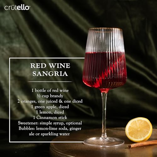 Crutello Modern Wine Glasses - 17 oz Unique Fluted Glassware with Vintage Ribbed Glassware Texture and Gold Rim, Art Deco Red or Fancy White Wine Glasses - Set of 4 - Image 4