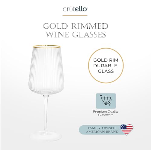 Crutello Modern Wine Glasses - 17 oz Unique Fluted Glassware with Vintage Ribbed Glassware Texture and Gold Rim, Art Deco Red or Fancy White Wine Glasses - Set of 4 - Image 5