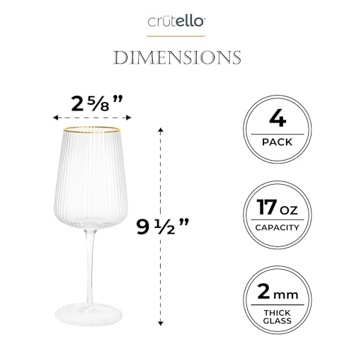Crutello Modern Wine Glasses - 17 oz Unique Fluted Glassware with Vintage Ribbed Glassware Texture and Gold Rim, Art Deco Red or Fancy White Wine Glasses - Set of 4 - Image 2