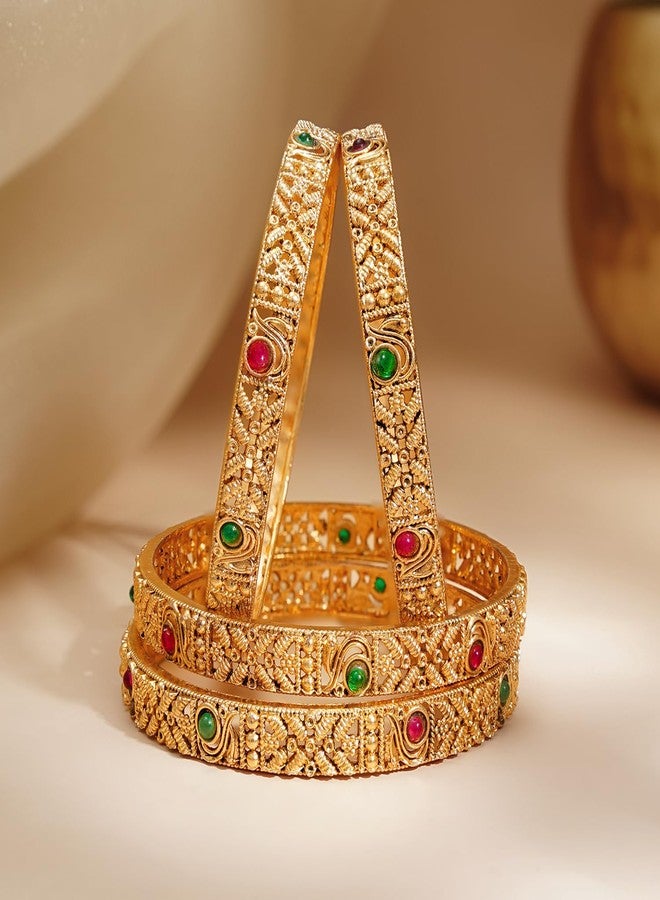 Rubans Gold Plated Set of 4 Designer Filigree Paisley Bangles Ruby Red Emerald Green Traditional Wedding Jewellery for Women & Girls - Image 2